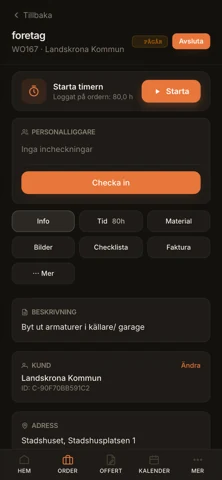 Arbetsordern — timer, personalliggare och flikar.
