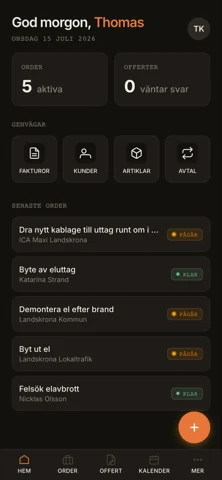 Hem-vyn i mobilen — dagens läge och genvägar.
