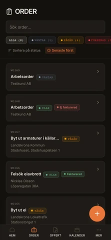 Orderlistan — status, sök och filter.
