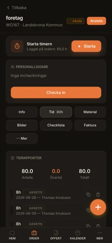 Tid-fliken — registrera, kopiera och se loggade timmar.