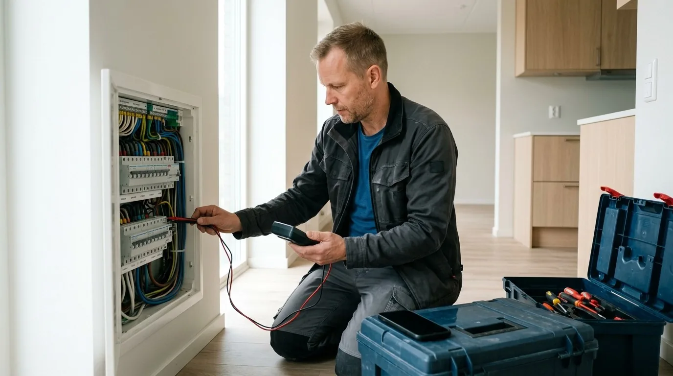 Elektriker mäter med multimeter i en elcentral i en nyrenoverad lägenhet