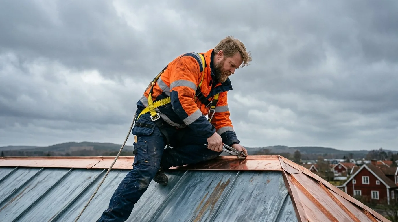 Plåtslagare med fallskyddssele monterar plåt längs nocken på ett tak