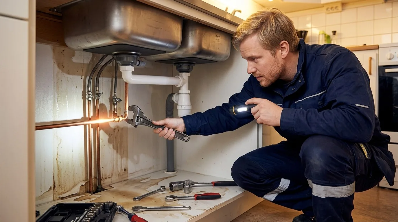 Rörmokare lyser med ficklampa och drar åt en koppling under en diskbänk